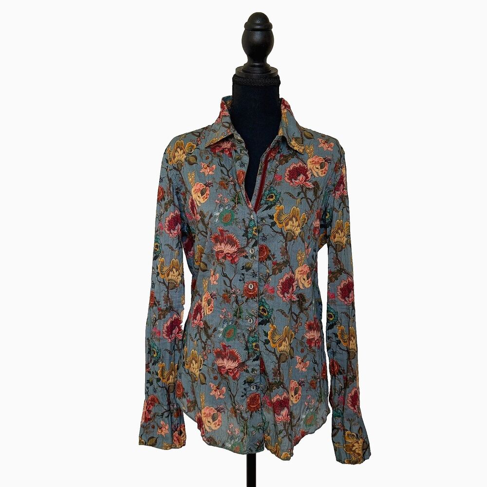 CINO Autumn Floral Print Collared Button Down Blouse Womens M 100% Cotton Velvet
